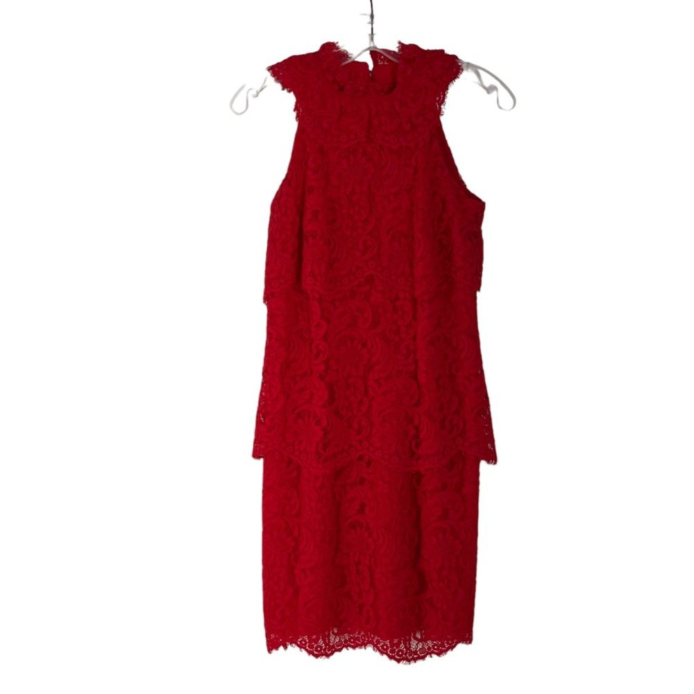 REISS Sophia Lace Overlay Dress Floral Tiered Sleeveless Back Zip Red Size 2